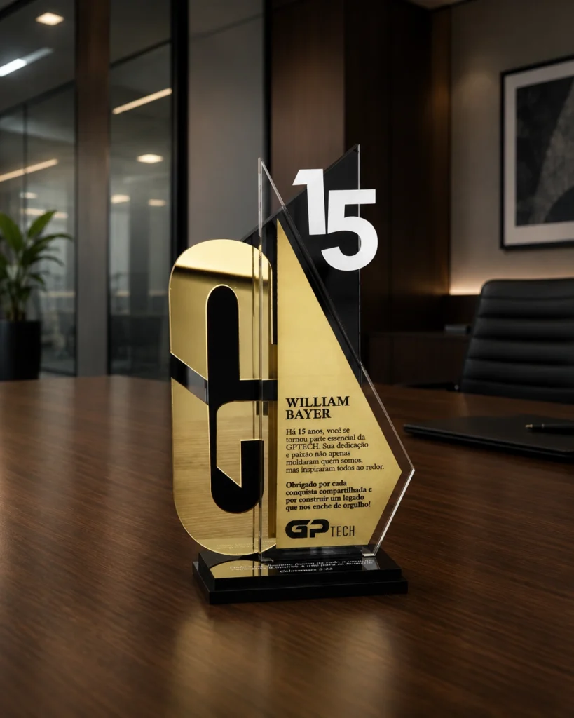 Troféu personalizado, envolvendo metais e acrílicos em sua composição.