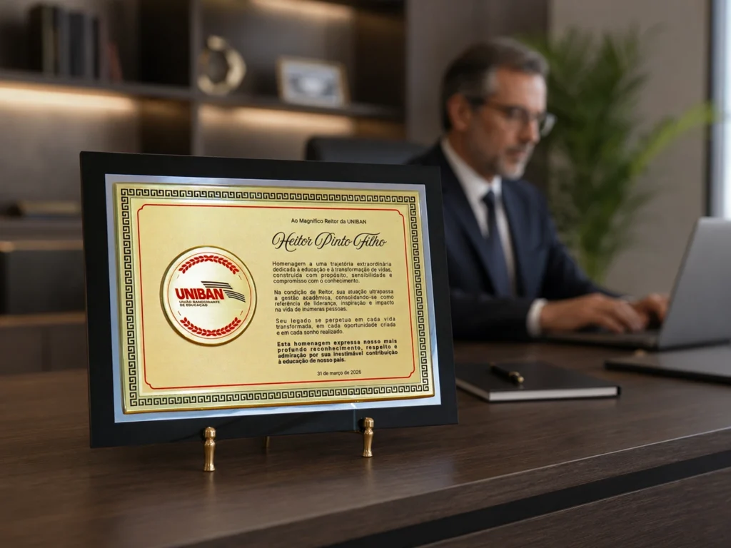 placa de homenagem na mesa de escritorio